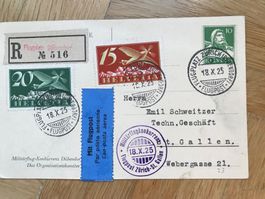 1925 Flugpost. Postkarte mit F3 + F4
