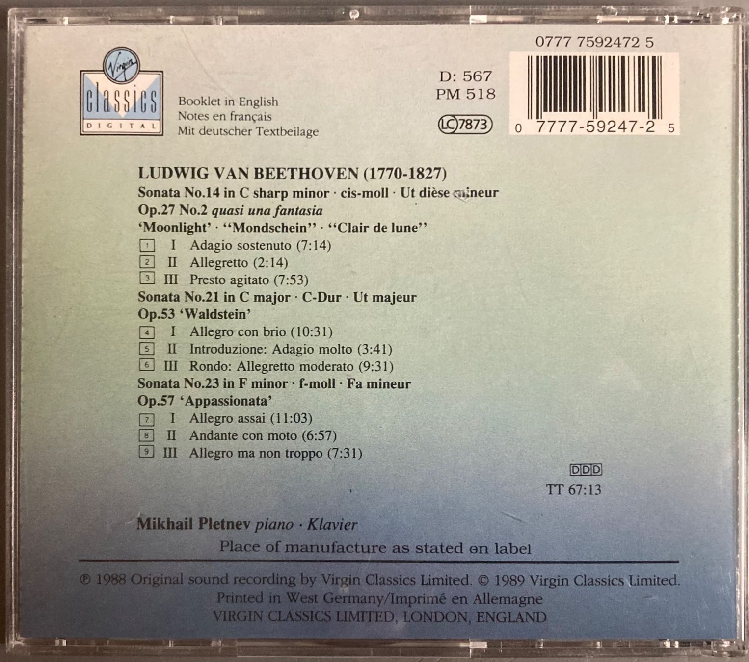 CD: MIKHAIL PLETNEV - BEETHOVEN SONATAS – Usato da Poliez-Pittet venduto da Newtown-Records 1