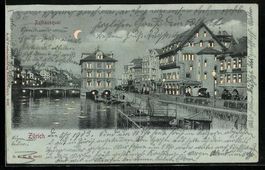 Mondschein-AK Zürich, Rathausquai mit l