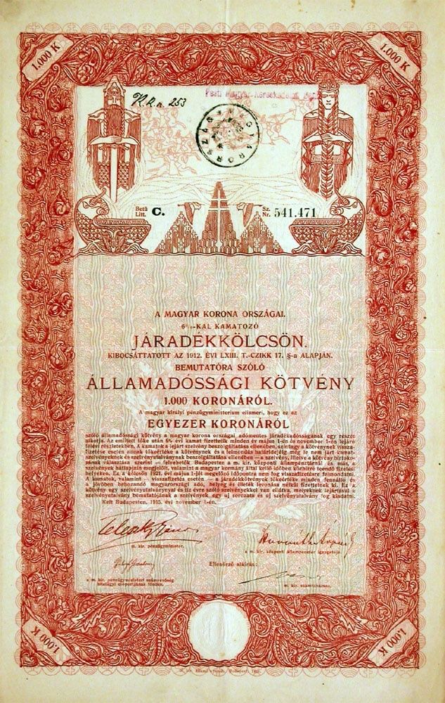 Documenti: 6% Königreich Ungarn, Budapest - 1915 – Usato da Solothurn venduto da Sgasche