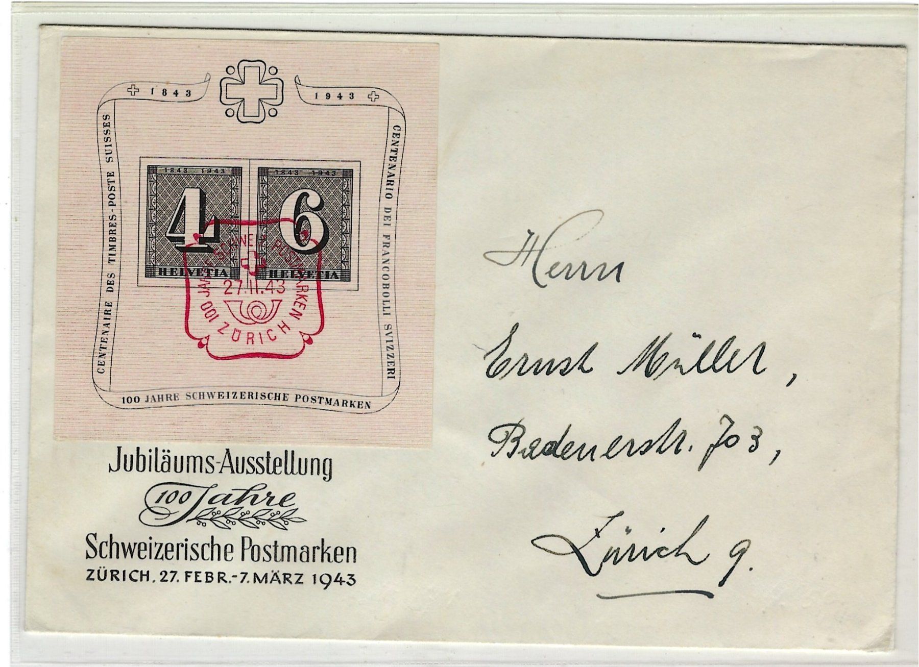 Alle Briefmarken: 1943 Brief 100 Jahre Postmarken Block    15844 – Gebraucht aus Lunden von Animus999