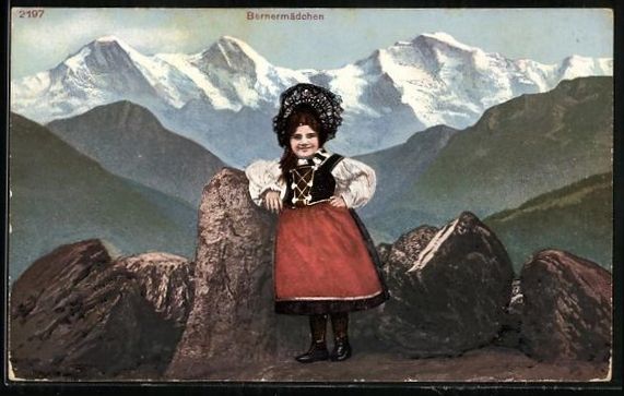 Cartoline postali: Bernermädchen in Tracht auf einem Berg – Usato da Berlin venduto da bartko-reher