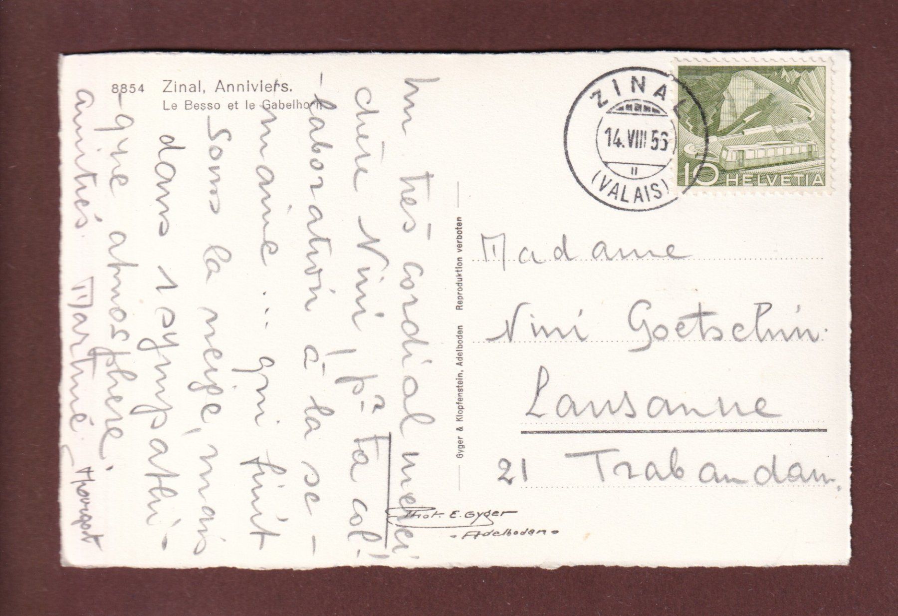 Cartoline postali: Anniviers - ZINAL - Besso - 1956 – Usato da Pully venduto da nicecards 1