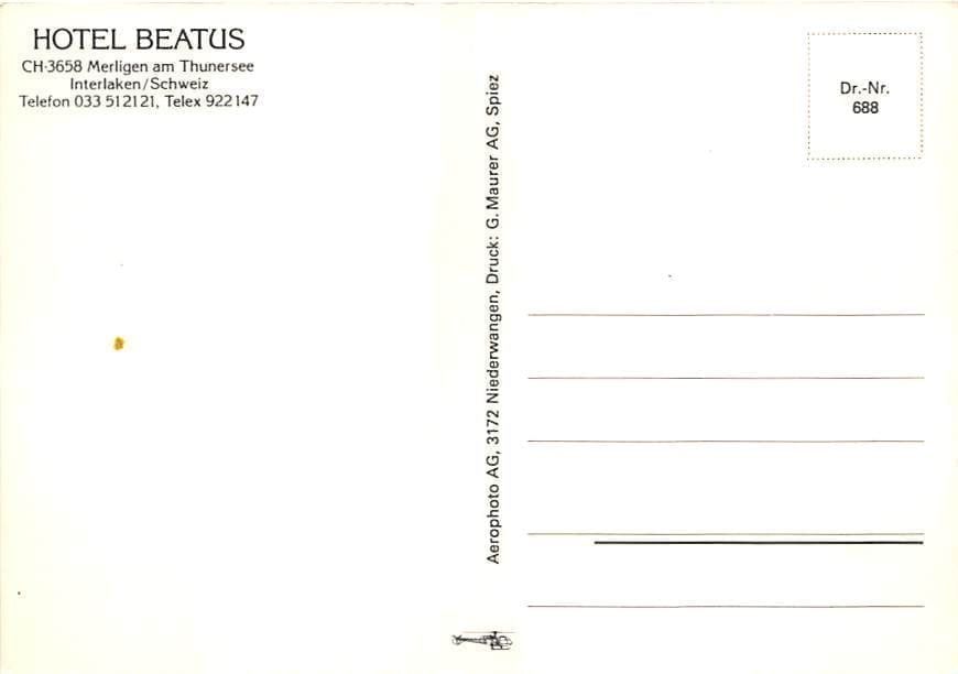 Cartoline postali: BE - Merligen, Hotel Beatus – Usato da Ottikon b.Kemptth. venduto da Neptun1974 1