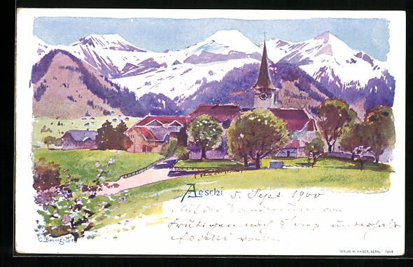 Cartoline postali: Aeschi, Ortsansicht mit verschneitem Geb – Usato da Berlin venduto da bartko-reher