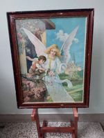 Antikes Bild Engel mit Kind & Vogel, gerahmt