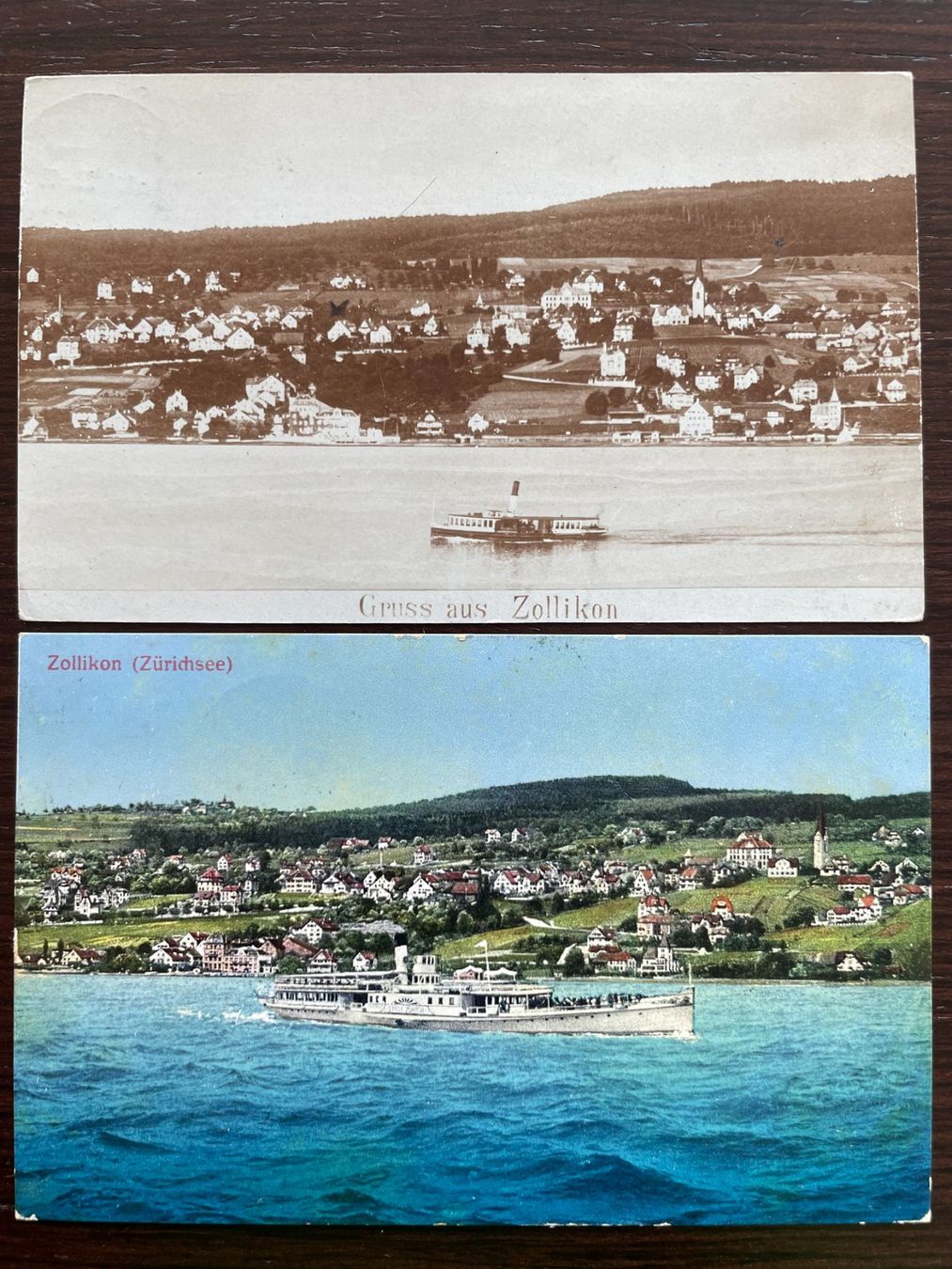 Cartoline postali: ZOLLIKON mit Dampfschiff / Dampfschwalbe, 2 Ansichtskarten – Usato da Wald ZH venduto da TLILEF