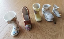 5 Miniatur Schuhe/Stiefel aus Porzellan Limoges, Capodimonte