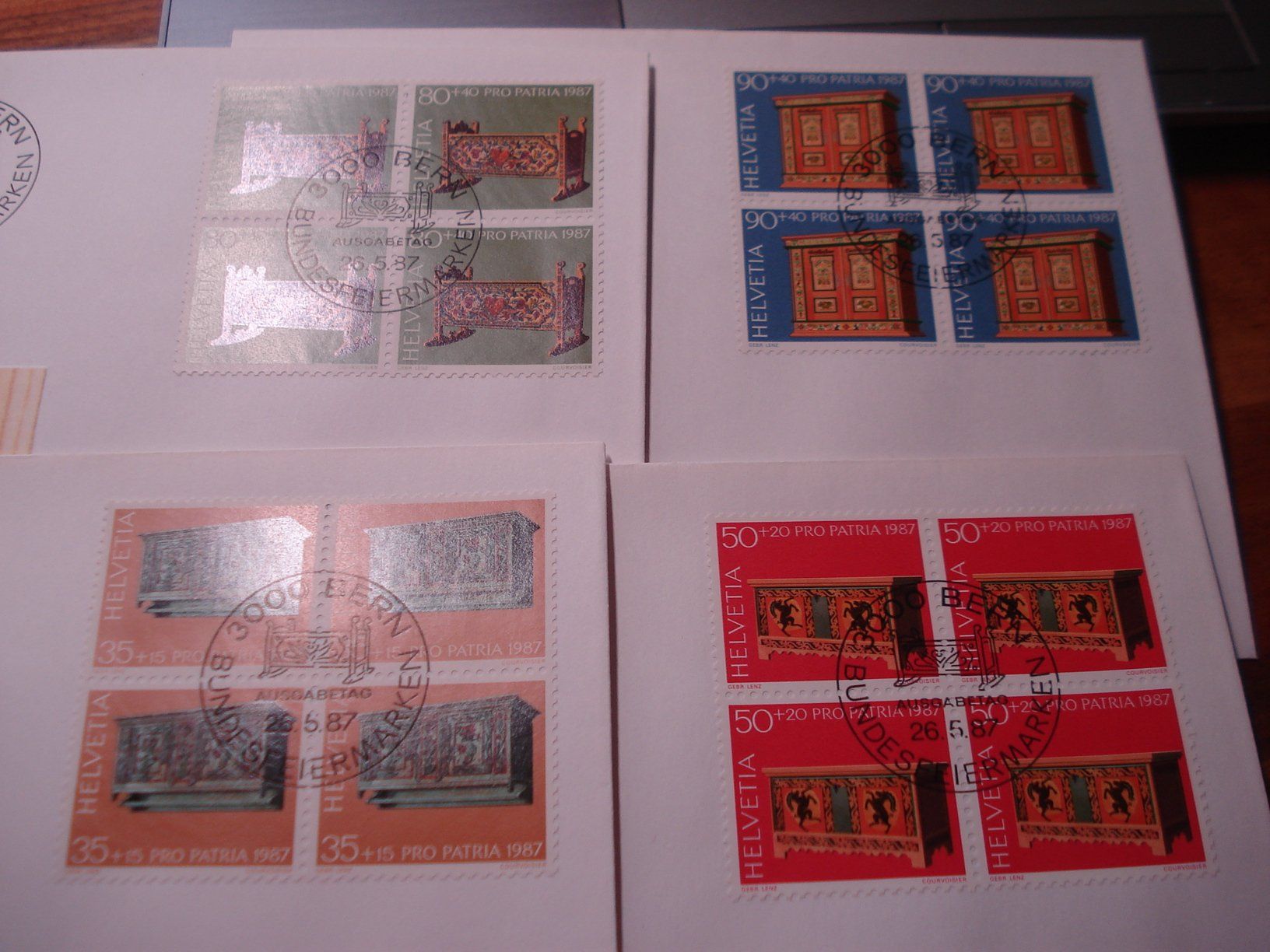 Alle Briefmarken: Pro Patria 1987, FDC Satz + 4erblocks, Bauernmöbel – Gebraucht aus Niederwil AG von morostahu