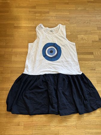 Robe fille,en coton,bleu/blanc, œil grec Magali, 10 ans
