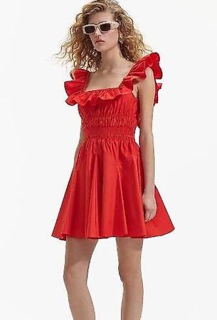 self-portrait Red Cotton Ruffle Mini Dress, Size 38