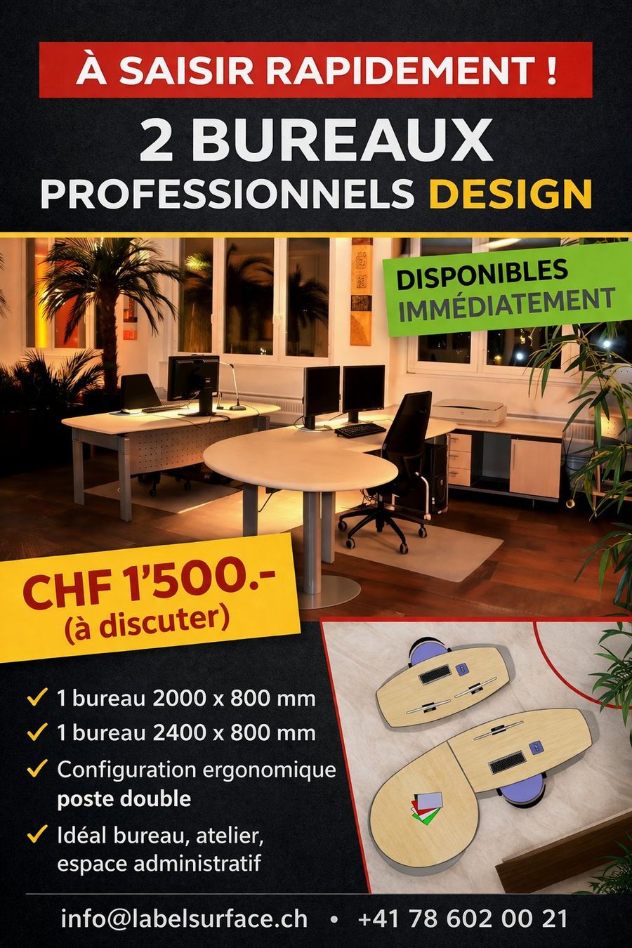 Scrivanie: 2 Bureaux Professionnels Design, Etat impeccable ! – Usato da La Chaux-de-Fonds venduto da clarck01