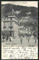 Meyringen, Kirchgasse, Hotel Krone, belebt, Bild um 1900