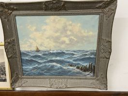 Gemälde "Meer mit Segelschiff" von H. Rieck, Vintage 56