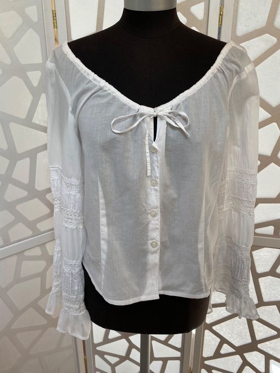 100% cotton white button island blouse slits M