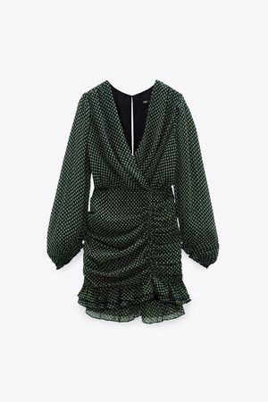 Zara Mini Dress - Green, Long Sleeve - Ruched Detailing