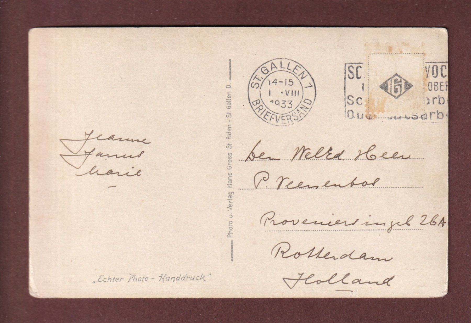 Ansichtskarten: ST. GALLEN - Scheffelstein - Säntis - 1933 – Gebraucht aus Pully von nicecards-shop 1