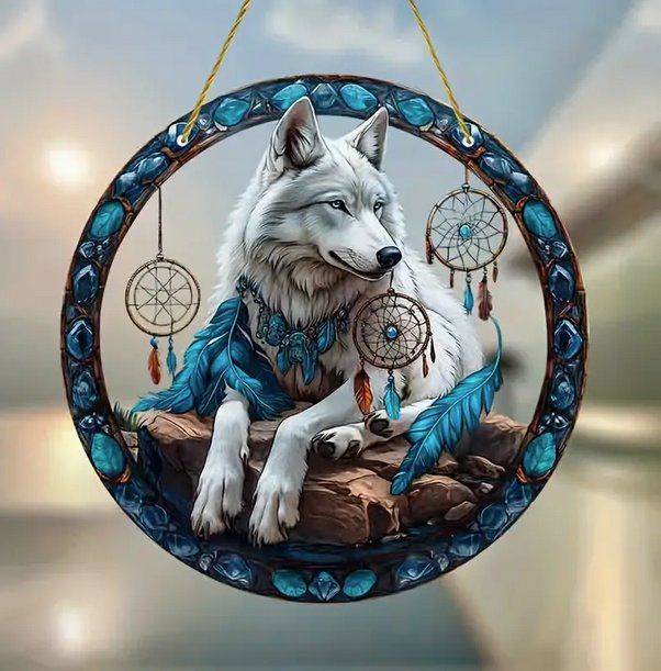 Wolf Traumfänger Duschvorhang Set 183x183 Cm – Wasserdicht Mit 12 Haken, Blaugrün-Braun-Grau