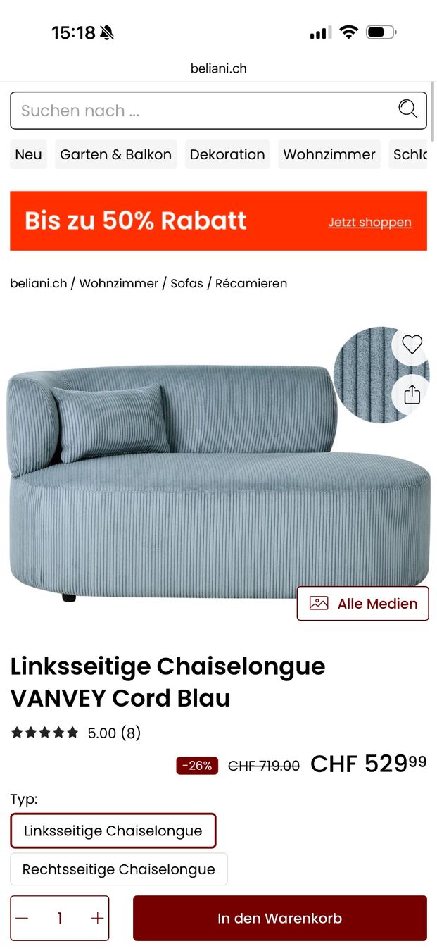 Beliani Divani: Sofa Cord Chaisselounge – Nuovo (secondo la descrizione) da Altenrhein venduto da wer_q2p6 1