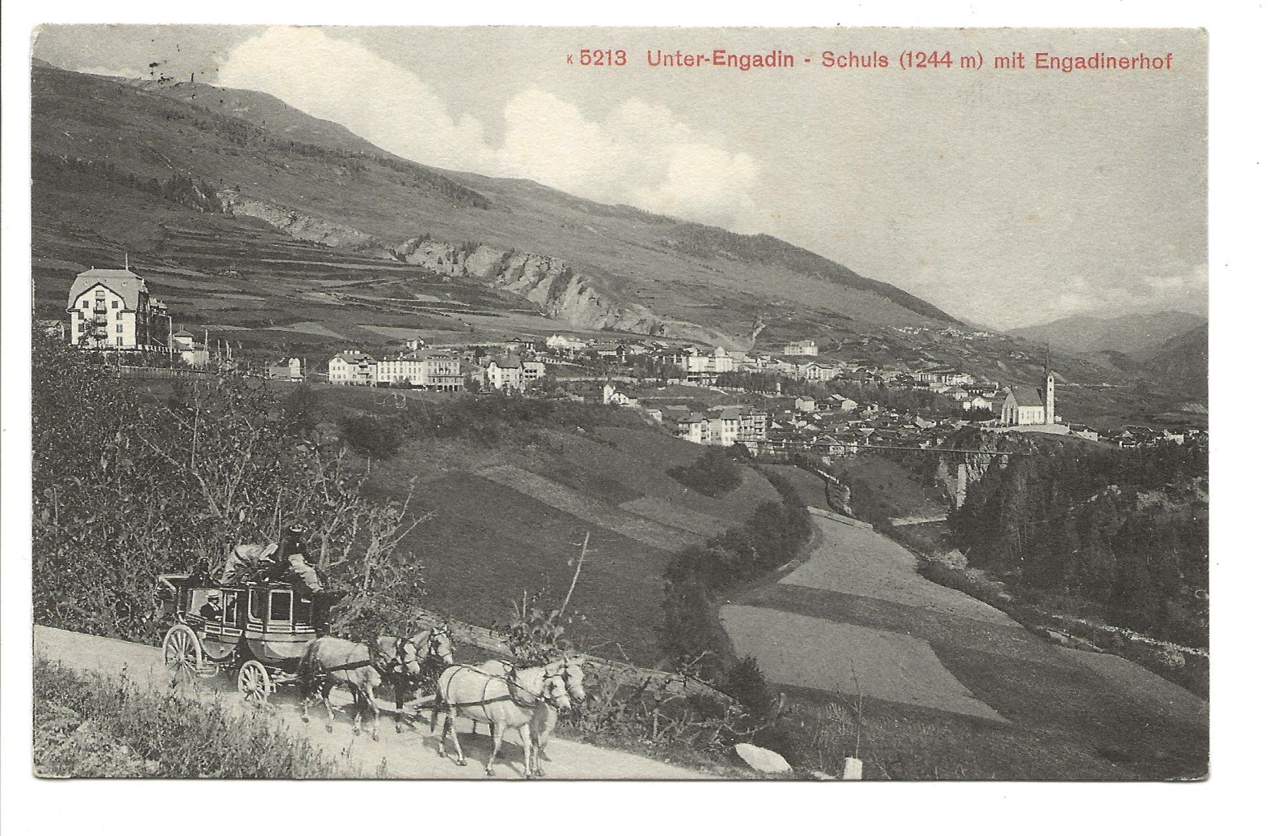 Cartoline postali: Schuls (GR) Unter-Engadin - Engadinerhof - Postkutsche  1916 – Usato da Engelburg venduto da Cartophil