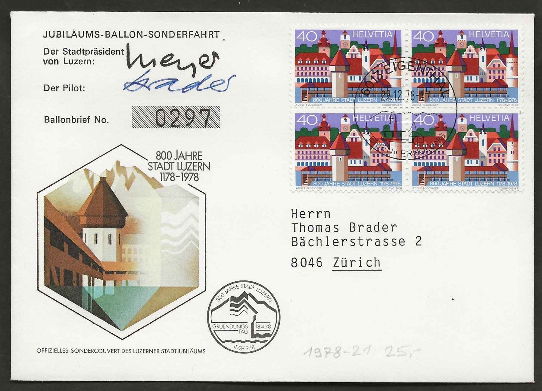 Tutti i francobolli: Ballon Schweiz 1978 Luzern Eigenthal Luftpost – Usato da Au ZH venduto da xelagreb01