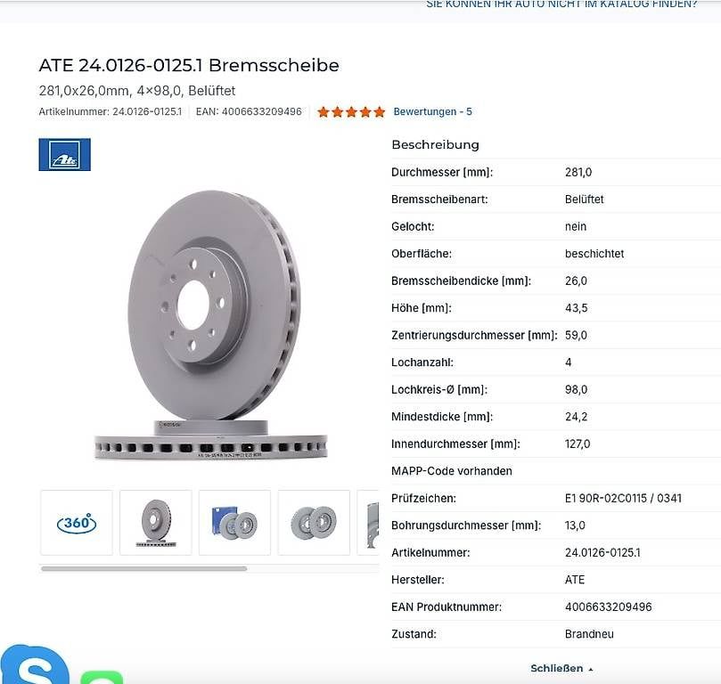 Toutes les pièces auto: Freni e pastiglie ATE 24.0126 e 13.0470 – D'occasion à Ligornetto par Bezehnder
