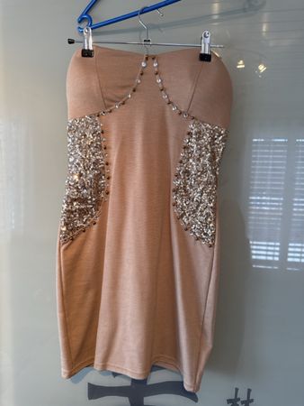 Bustier Kleid Beige mit Pailletten, Gr. S