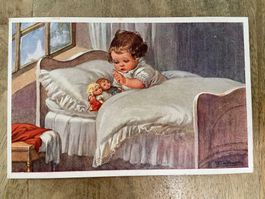 Antike Postkarte Kind im Bett mit Puppen Kuntkarte