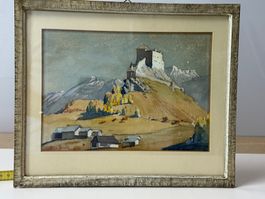 Tolles Aquarell von Max Alioth (1913) Schloss Tarasp CH