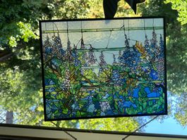 Buntglas Fenster Lila Blaue Blueten  30x37 cm