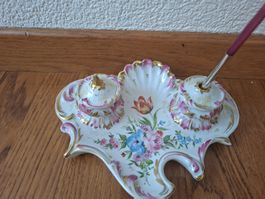 Tintenfass Porzellan Limoges floral mit Feder