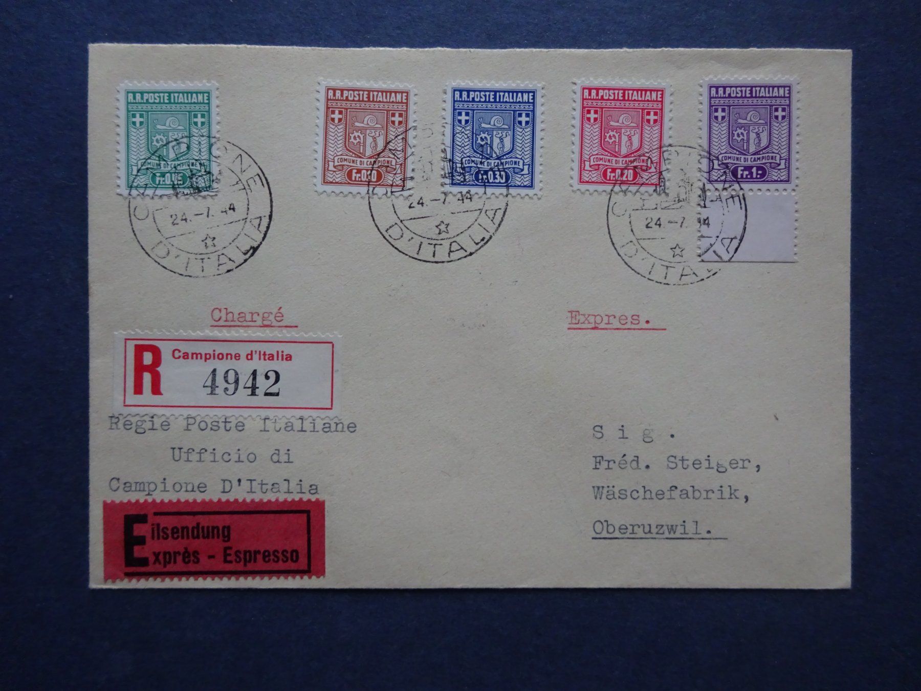 Tutti i francobolli: 1944 Campione 1-5 Satzbrieflein - SELTEN – Usato da Appenzell-Steinegg venduto da adi1975 1