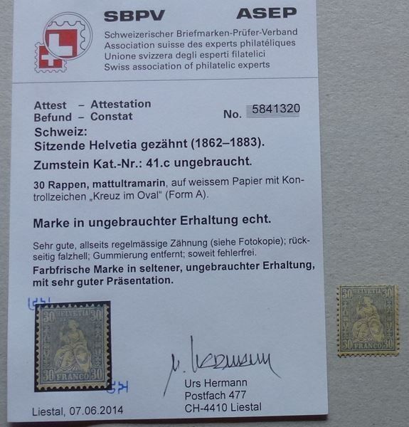 Tous les timbres: Top ++ Sitz. Helv. ZNr. 41.c ungebraucht mit Attest – D'occasion à Walkringen par Casablanca777 2