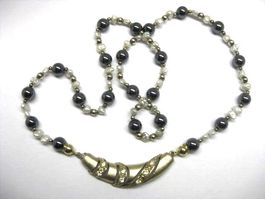 Vintage Collier Kette Silber 925 Perlen Hämatit-Kugeln
