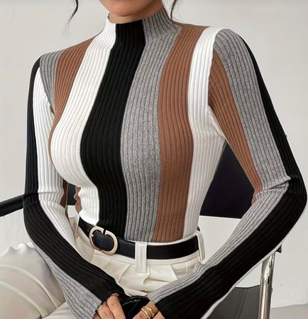 Damen Rollkragenpullover gestreift mehrfarbig Grösse M