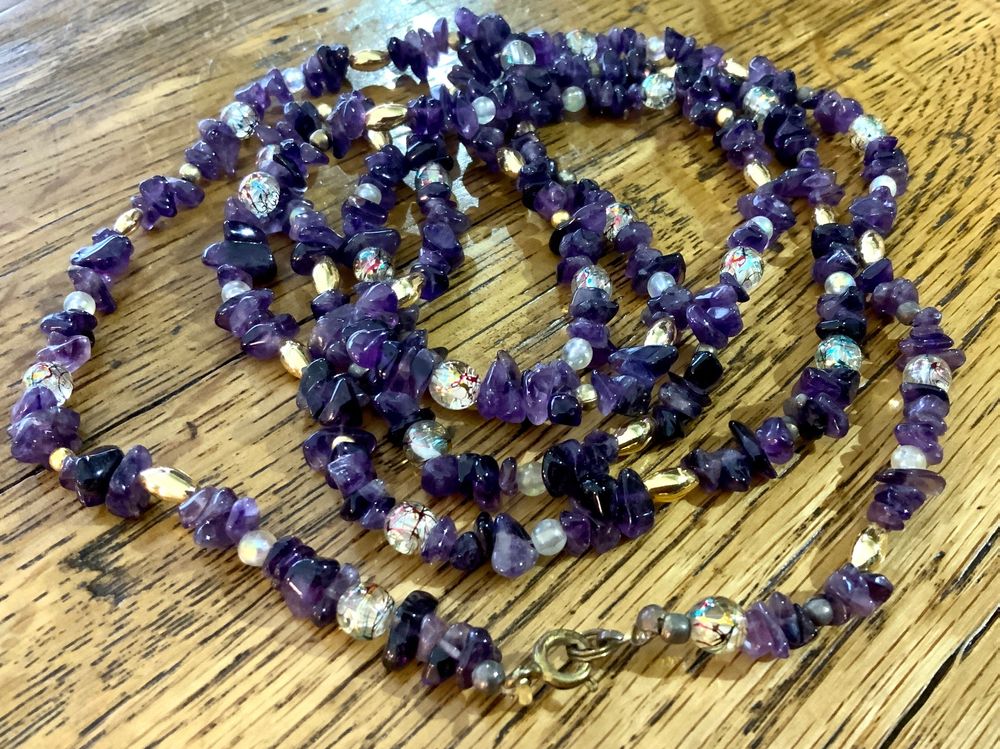 Collier Vintage En Pierres D'améthyste - Occasion En Bon état - Bijou Ancien