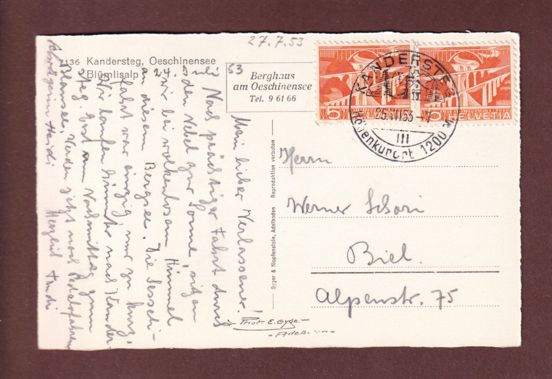 Cartoline postali: OESCHINENSEE - Blümlisalp - 1953 – Usato da Pully venduto da nicecards-shop 1