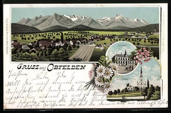 Cartoline postali: Litho Obfelden, Schule, Kirche und Pfarr – Usato da Berlin venduto da bartko-reher