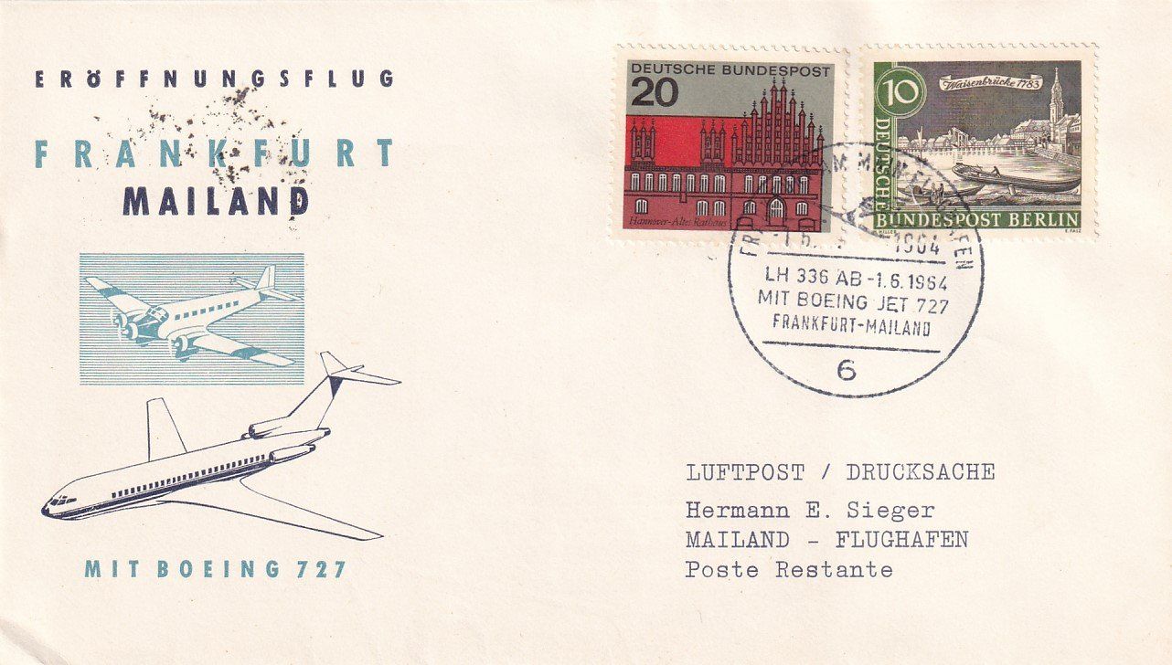 Tutti i francobolli: Erstflug Lufthansa Frankfurt - Mailand 1964 – Usato da Baar venduto da Asmara111