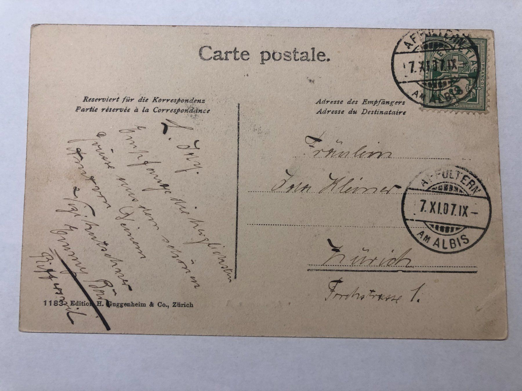 Cartoline postali: Affoltern a. A.  Gasthaus z. Albis ? 1907 – Usato da Pfäffikon ZH venduto da Waltoversand 1