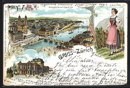 Litho Zürich, Grossmünster mit Alpen, 