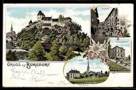 Lithographie Burgdorf, Ersparniskasse, Kirche, Kirchbühl, Or