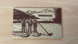 Schweiz Holzpostkarte Alphornbläser Ferien Grüsse 🇨🇭🏔️...