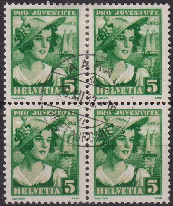 Alle Briefmarken: J 65, Viererblock gestempelt Aarau – Gebraucht aus Basel von Bingis