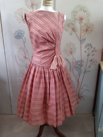 50er Jahre Baumwollkleid in rosa grau und Organza Schleife