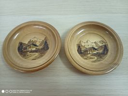 2 Holzschalen mit Brandmalerei Bergmotiv Wandteller