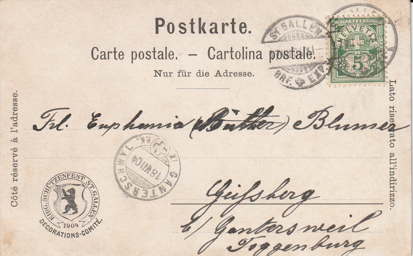 Cartoline postali: Eidg. Schützenfest St. Gallen 1904 – Usato da Crémines venduto da clifden92 1