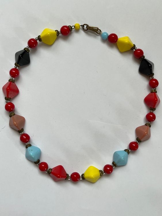 Collier Sautoir Vintage Perles De Verre Murano Cognac Avec Paillettes Cuivre - Occasion