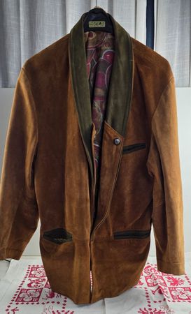 Vintage Lederjacke mit Schalkragen – braun/grün – Viskose