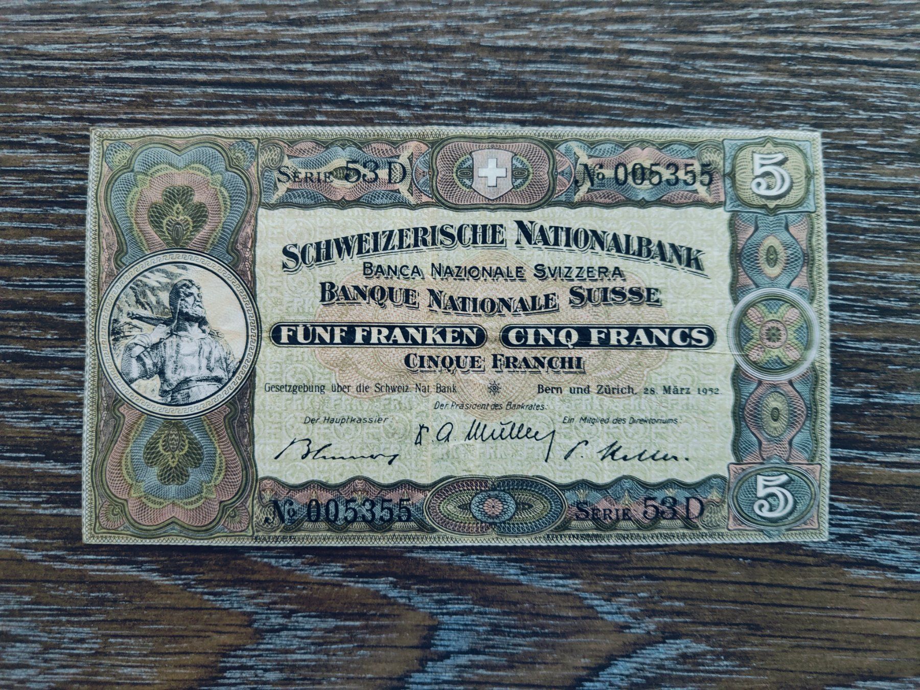 Banknoten: Schweiz 5 Franken 1952 !!!!!!! – Gebraucht aus Flaach von Lonzo99